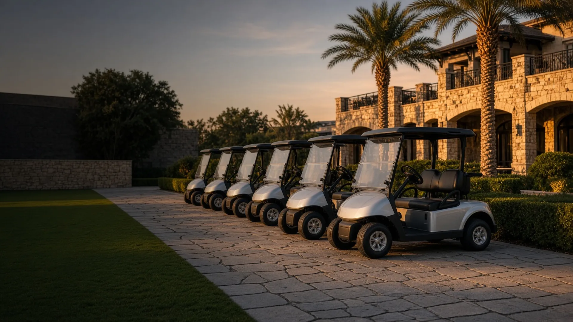 A row of modern silver golf carts parked on stone pavers outside a resort clubhouse at golden hour.