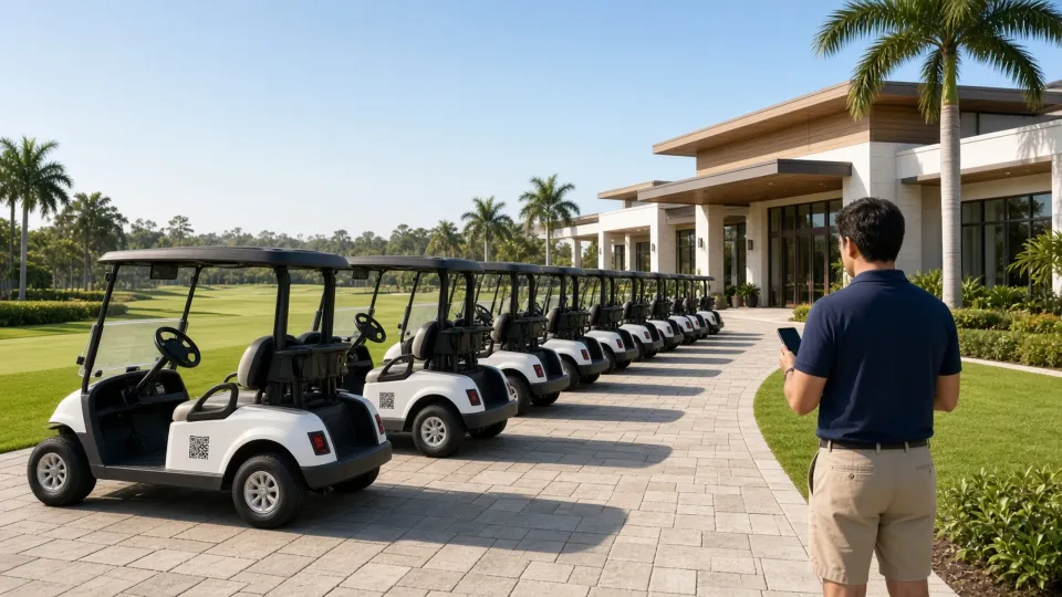 A row of white golf carts with QR labels lined up outside a clubhouse on a bright morning, while an attendant checks a phone.