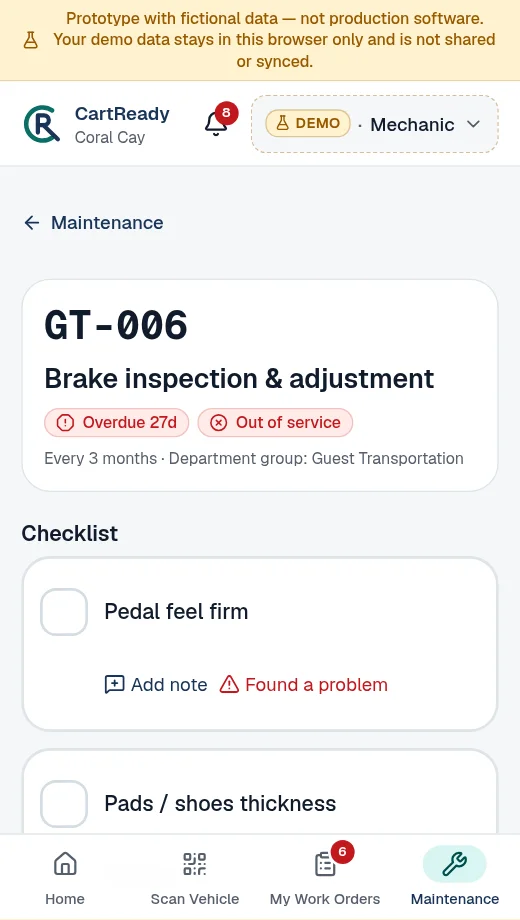 Demo phone screen: Brake inspection and adjustment checklist for GT-006, marked Overdue and Out of service, with checklist items and a Found a problem link on each.