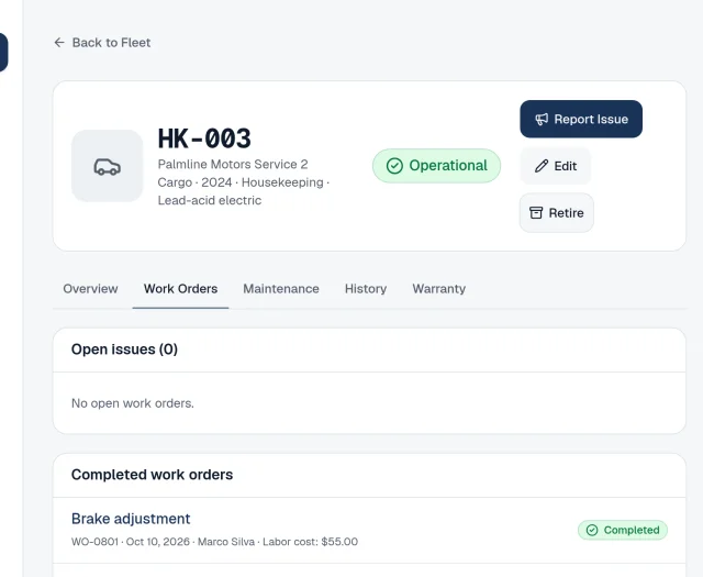 Demo vehicle record for cart HK-003, an operational 2024 cargo cart, on the Work Orders tab: no open issues and the first completed repair, a brake adjustment on Oct 10, 2026 by Marco Silva with a $55.00 labor cost.