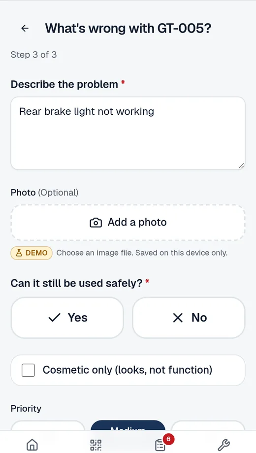 Demo phone screen: What's wrong with GT-005, with a description, an Add a photo button and the question Can it still be used safely.