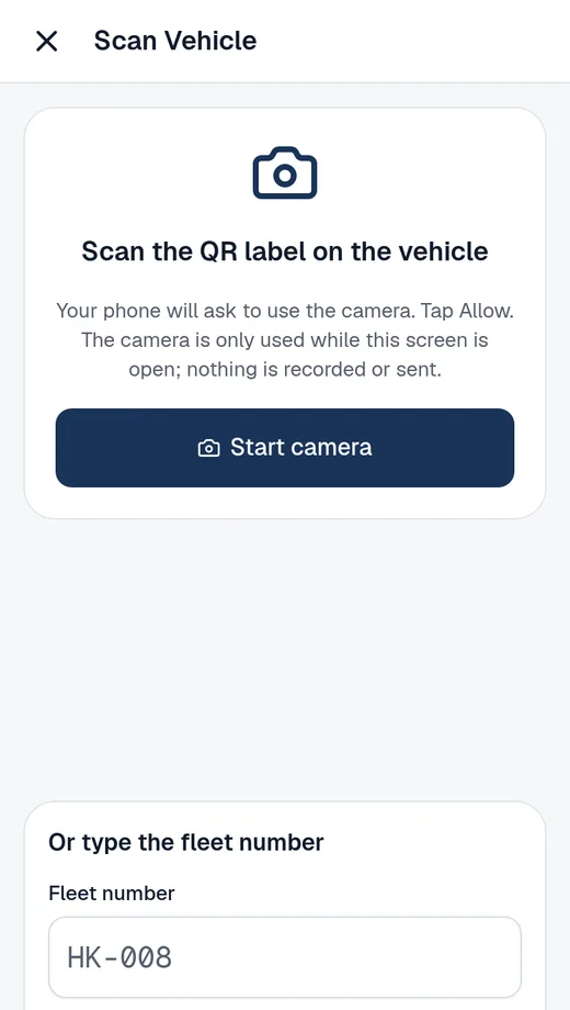Demo mechanic screen on a phone: Scan Vehicle, scan the QR label on the vehicle or type the fleet number.